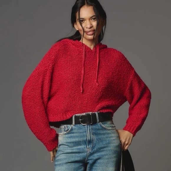 Anthropologie Red Pilcro Sailcloth Hooded Sweater Popcorn Drawstring - Picture 1 of 5